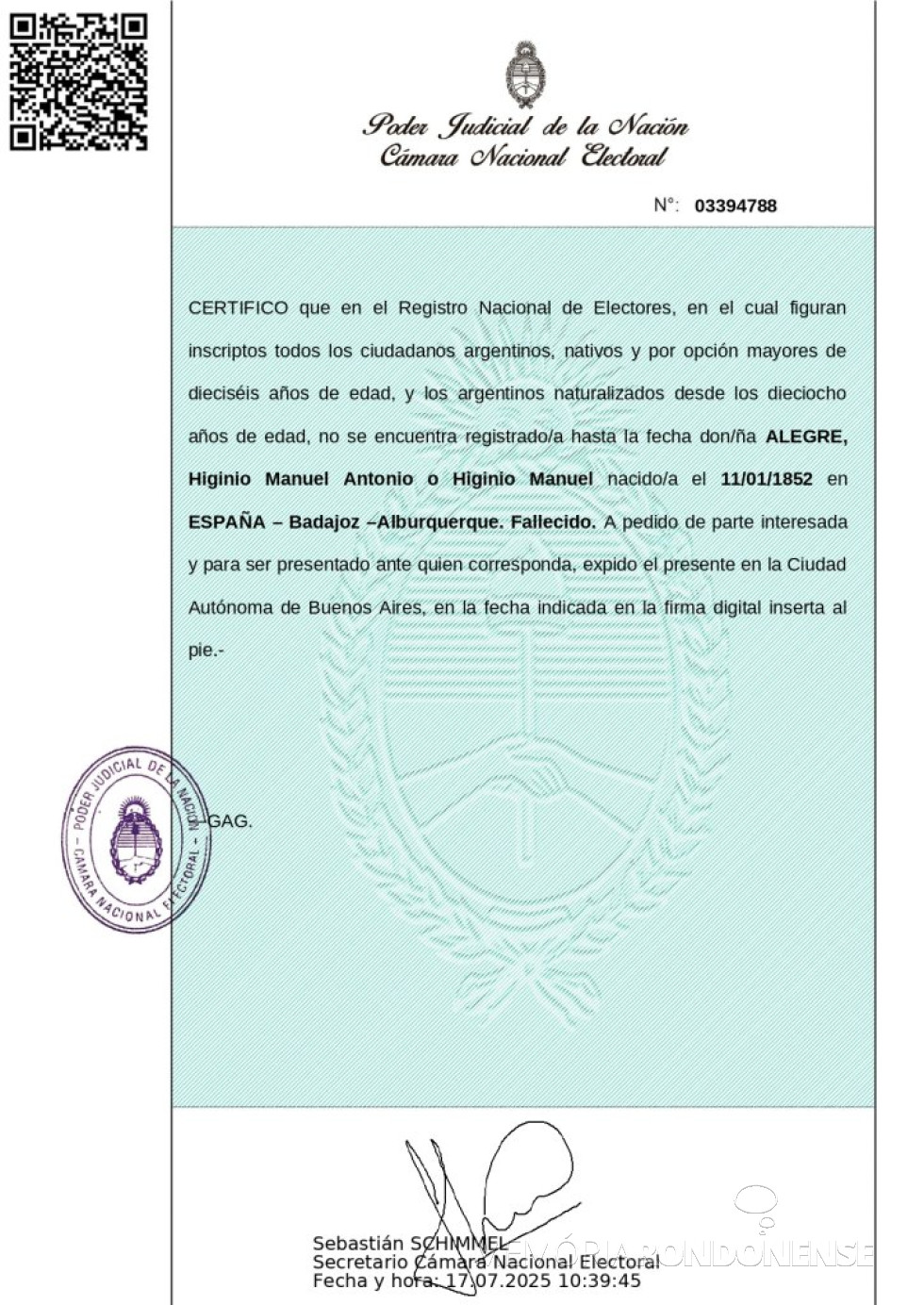 || Cópia de certidão de não naturalização de Higinio Mauel Alegre.
Imagem: Acervo de  Valquíria Alarcon Machado Peyloubet - FOTO 4 -