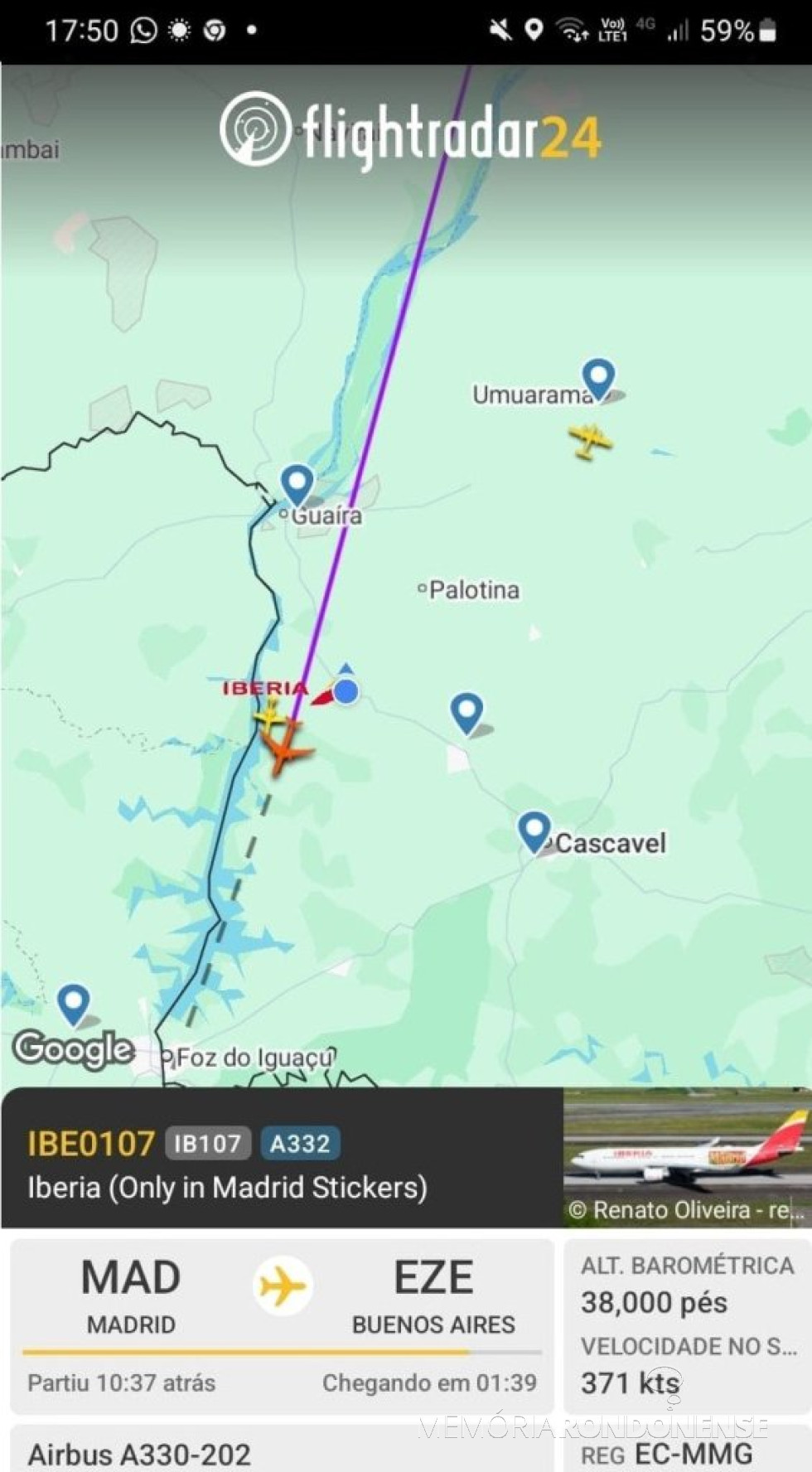 || Identificação da 2ª aeronave da Iberia que cruzou o espaço aéreo de Marechal Cândido Rondon na tarde de 25 de julho de 2025.
Imagem: Acervo Flightradar - FOTO 59 -