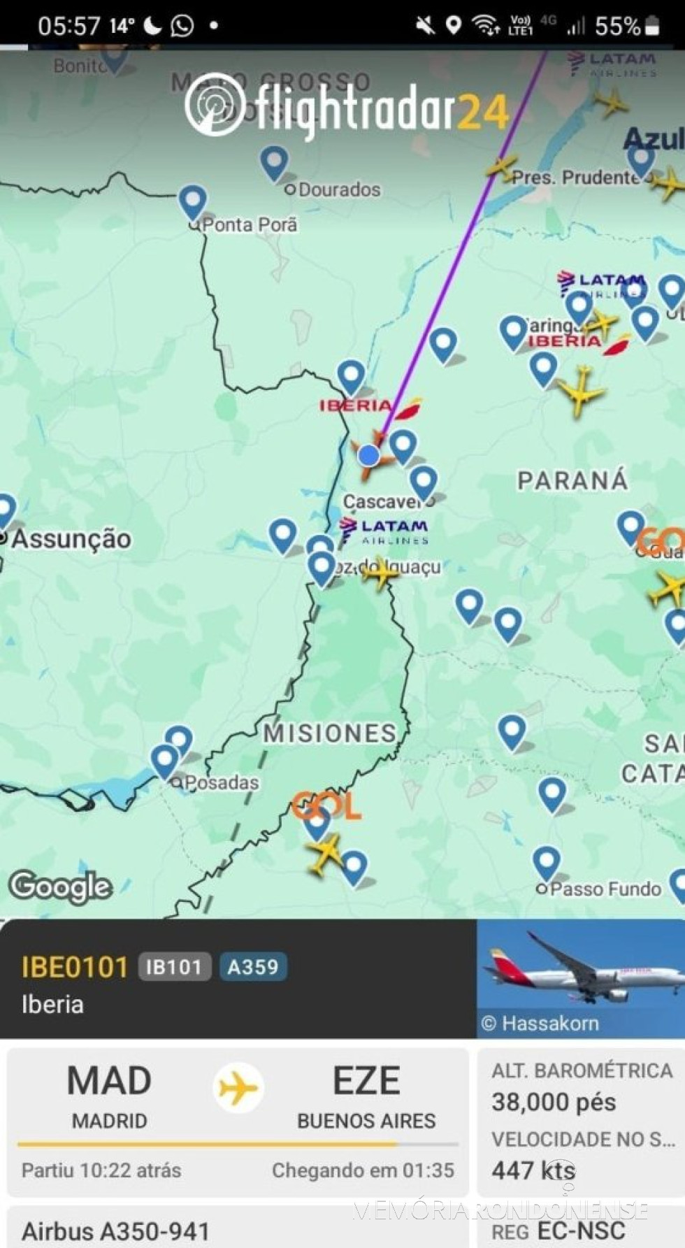 || Identificação da rota da aeronave da Iberia que cruzou o espaço aéreo de Marechal Cândido Rondon na madruga de 22 de julho de 2025.
Imagem: Acervo Flightradar - FOTO 34 -