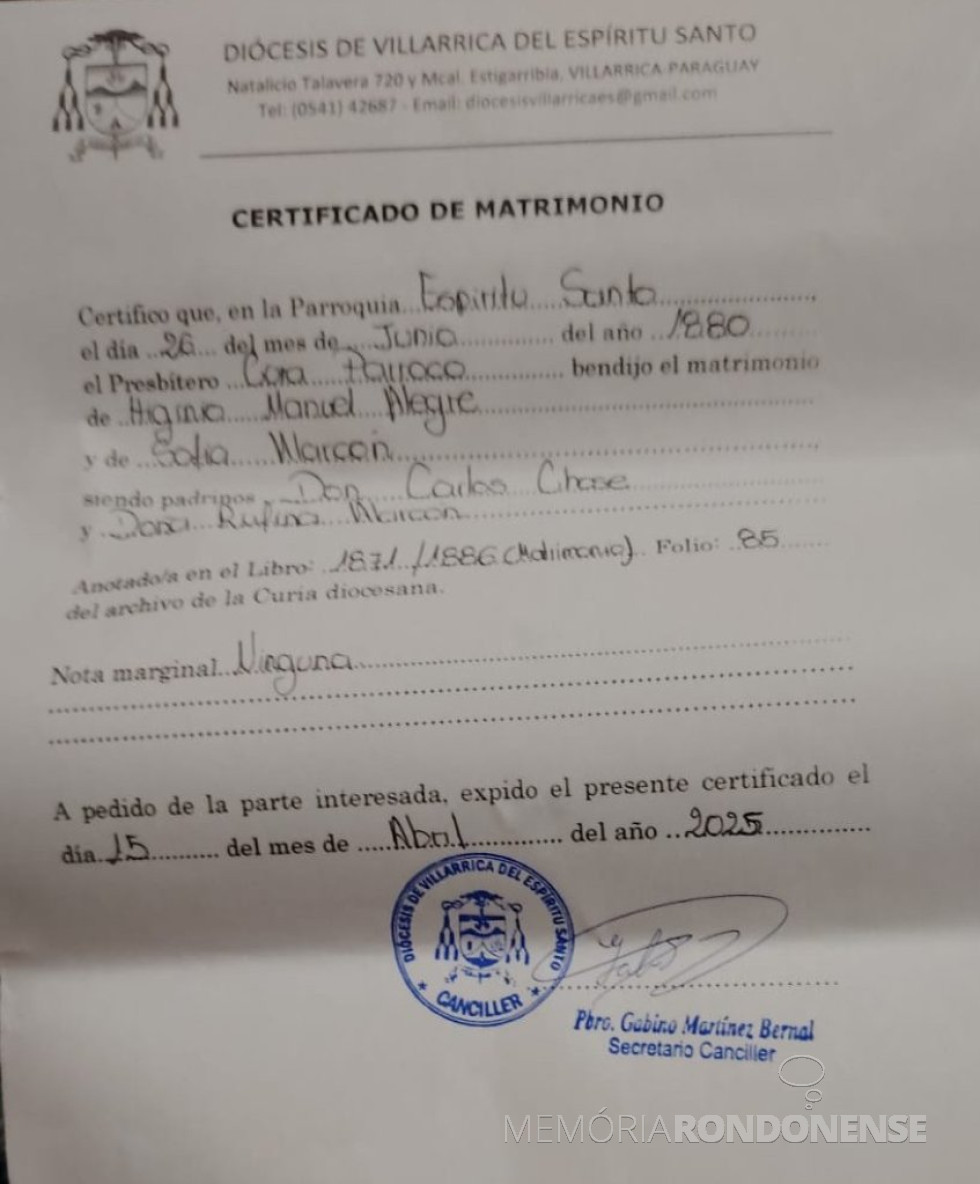 || Certidão casamento dos jovens Sofia Alárcon e Higínio Manuel Alegre, em junho de 188.
Imagem: Acervo de Valquiria Alarcon Machado Peyloubet (Palhoca - SC). - FOTO 2 -