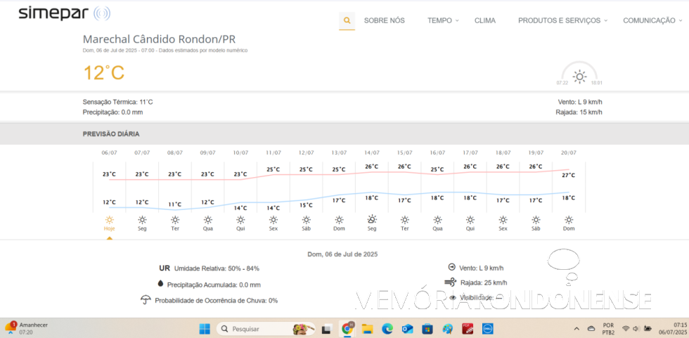 || Previsão meteorológica para a cidade de Marechal Cândido Rondon, dia 06 de julho de 2025 e dias supervenientes, fornecida pelo Simepar - FOTO 39 -