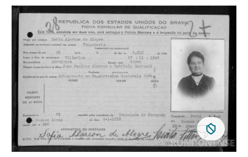 || Ficha consular brasileira expedida em favor de Sofia Alegre Alárcon.
Imagem:  Imagem: Acervo de  Valquíria Alarcon Machado Peyloubet - FOTO 8 -