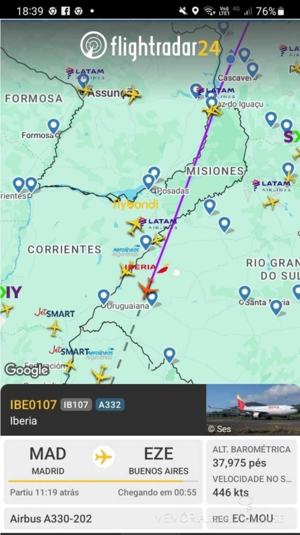 || Identificação da rota do avião da Iberia que cruzou o espaço aéreo da cidade de Marechal Cândido Rondon, ao final da tarde 16 de julho de 2025.
Imagem: Acervo Flightradar - FOTO 22 -