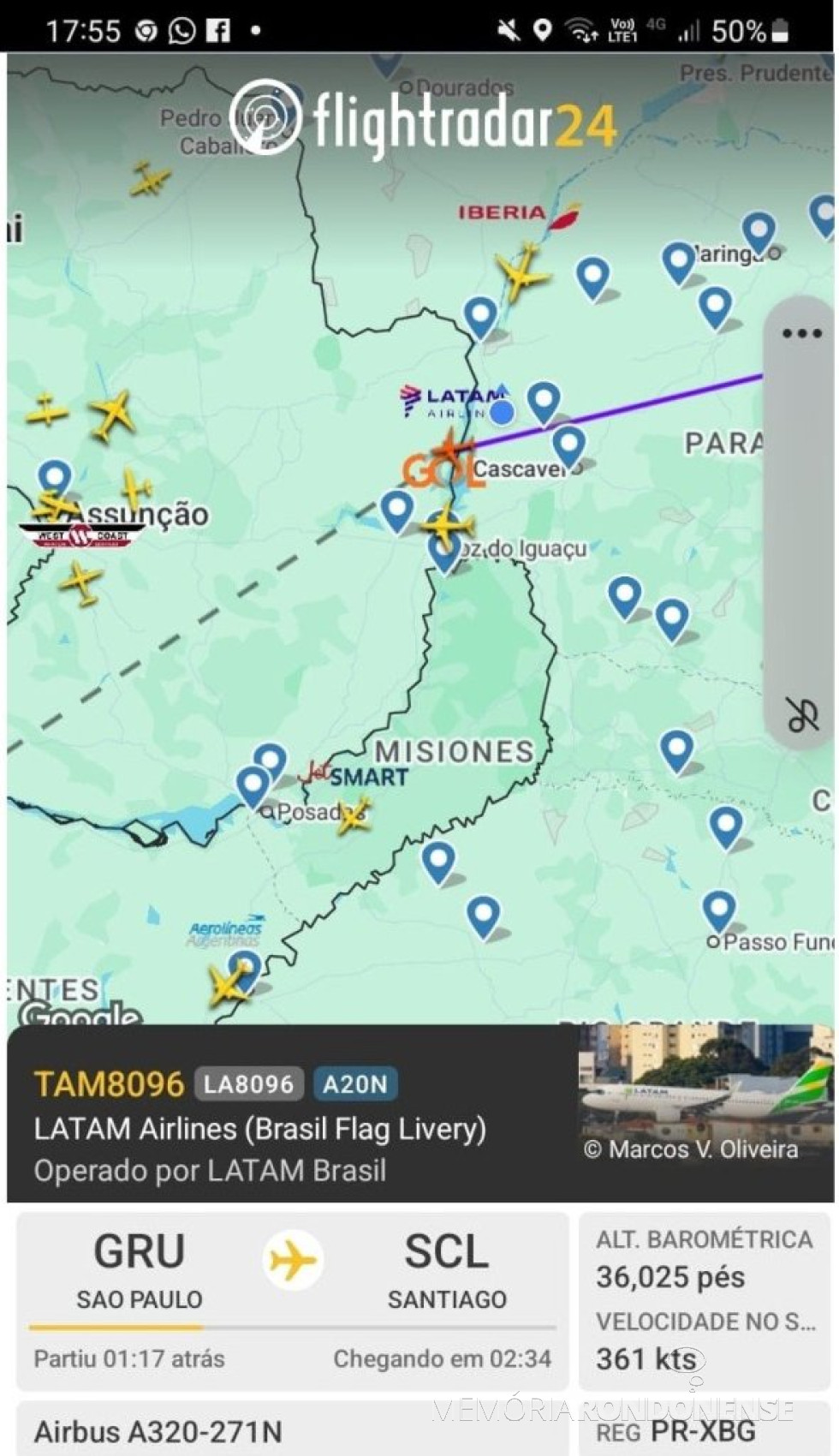 || Identificação da rota do avião da Latam que cruzou o espaço aéreo da cidade de Marechal Cândido Rondon,  ao final do dia 26 de julho de 2025.
Imagem: Acervo Flightradar - FOTO 34 --