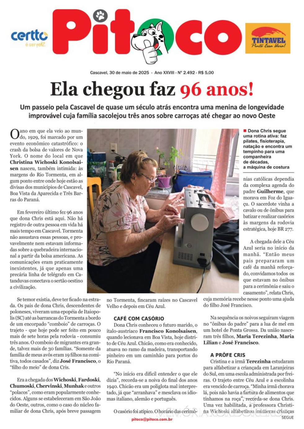 || Parte inicial da matéria sobre a pioneira Christina Wichoski Konolsaisen publicada por