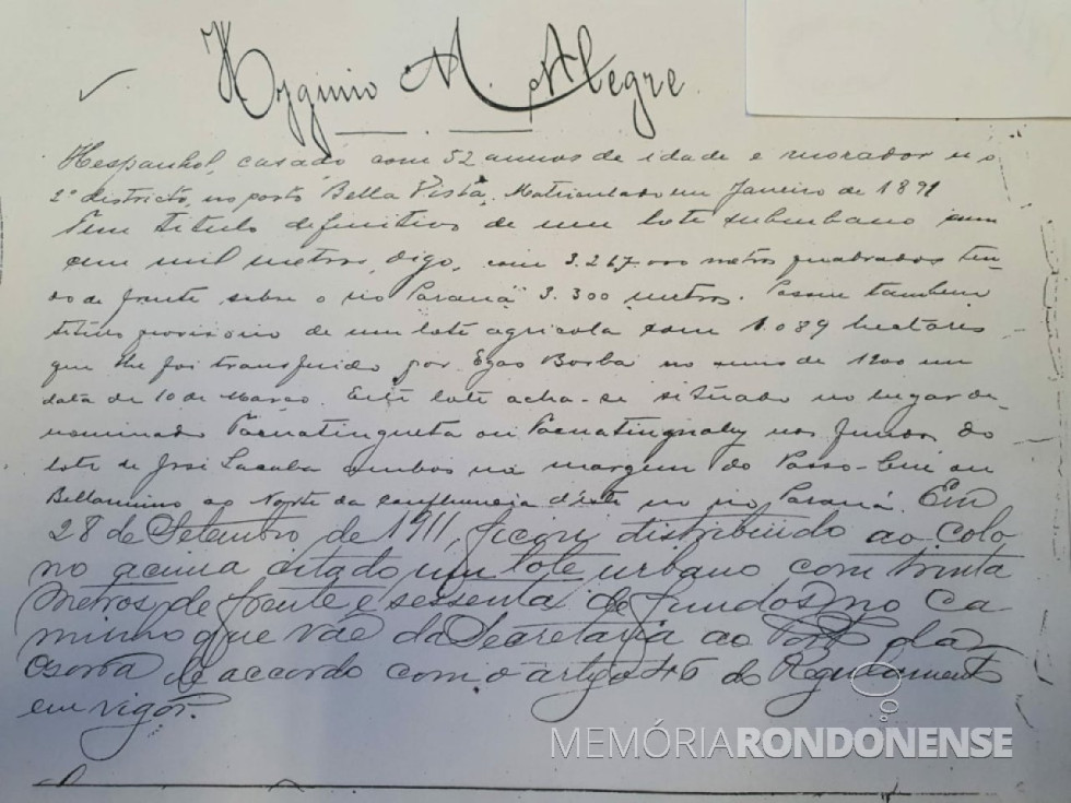 || Cópia digitalizada que atesta o título de propriedade a Hygino Manoel Alegre, junto ao Rio Bela Vista, em Foz do Iguaçu.
Imagem: Acervo João Jorge Zeiman - Foz do Iguaçu - FOTO 6 -