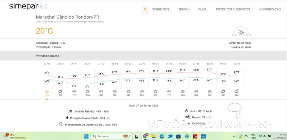 || Previsão meteorológica para a cidade de Marechal Cândido Rondon, dia 27 de julho de 2025 e dias supervenientes fornecida pelo Simepar - FOTO 33 -