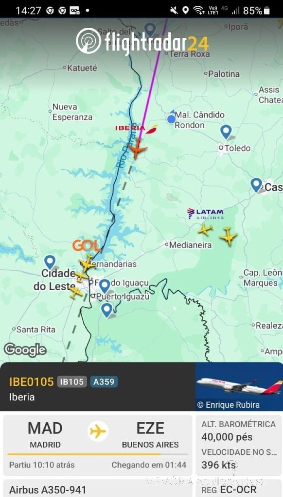 || Identificação da rota do avião da Iberia que cruzou o espaço aéreo da cidade de Marechal Cândido Rondon, no começo da tarde de 25 de julho de 2025.
Imagem: Acervo Flightradar - FOTO 58 -