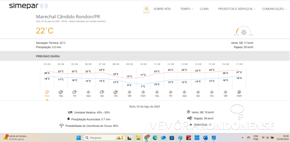 || Previsão meteorológica para a cidade de Marechal Cândido Rondon, 03 de agosto de 2025 e dias supervenientes fornecida pelo SIMEPAR - FOTO 32 -