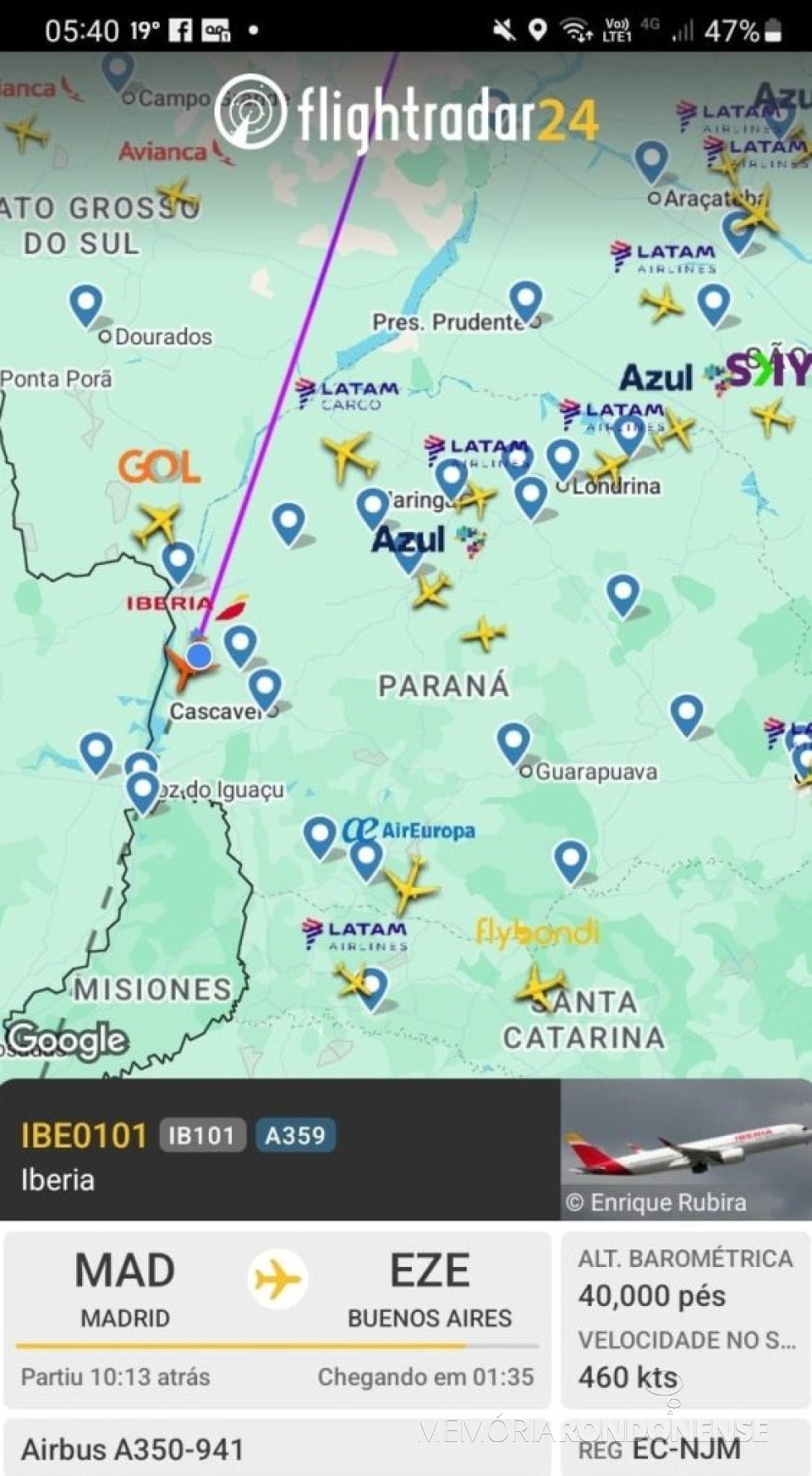 || Identificação da rota da aeronave da Iberia que cruzou o espaço aéreo da cidade  de Marechal Cândido Rondon, em 03 de agosto de 2025.
Imagem: Acervo Flightradar - FOTO 33 -