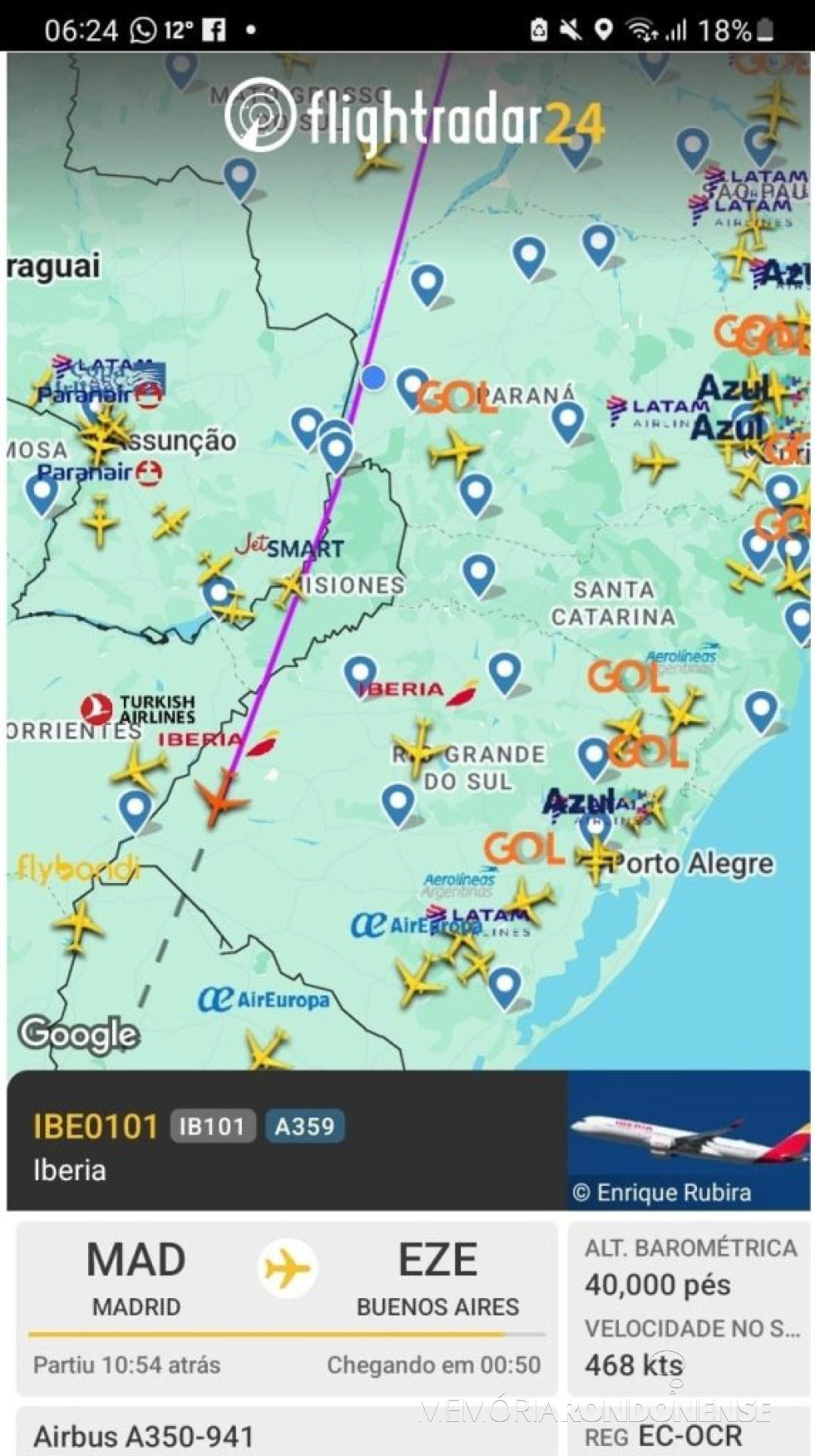 || Identificação da rota da aeronave da Iberia que cruzou o espaço aéreo de Marechal Cândido Rondon na madrugada de 28 de agosto de 2025.
Imagem: Acervo Flightradar - FOTO 21 -