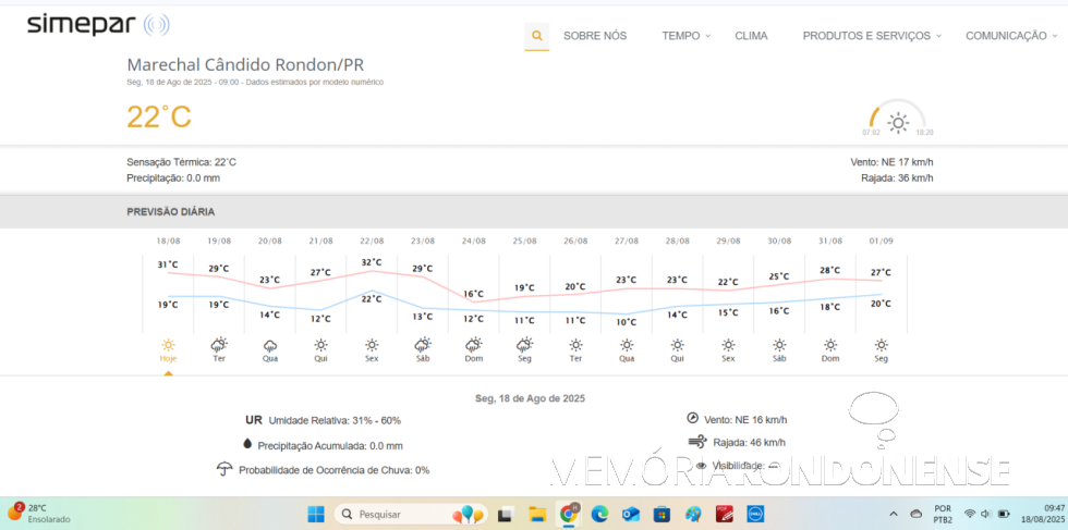 || Previsão meteorológica para a cidade de Marechal Cândido Rondon, 18 de agosto de 2025 e dias supervenientes, fornecida pelo SIMEPAR - FOTO 40 -