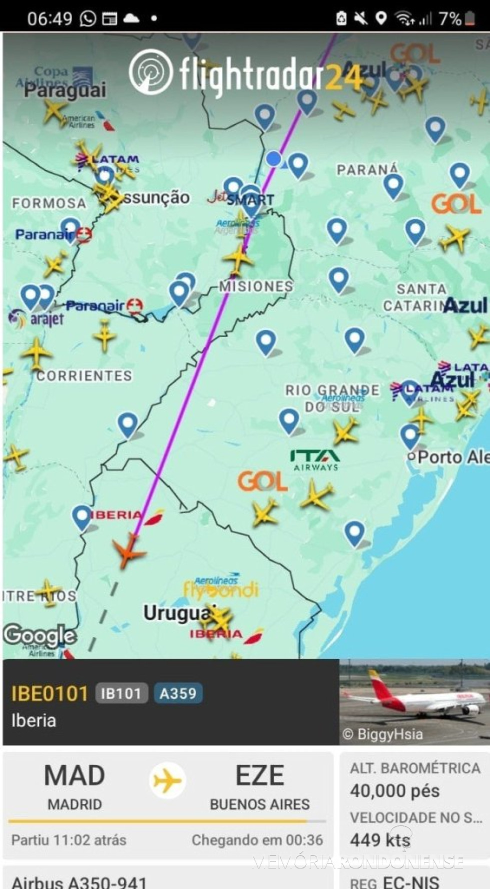 || Identificação da rota da aeronave da Iberia que cruzou o espaço aéreo de Marechal Cândido Rondon, na madrugada de 29 de agosto de 2025.
Imagem: Acervo Flightradar - FOTO 27 -