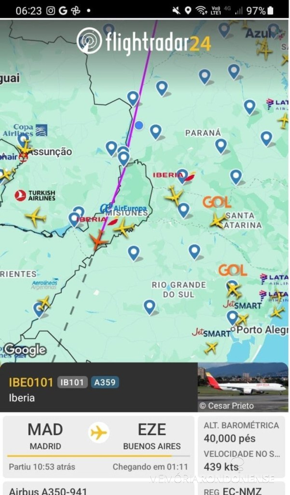 || Identificação da rota da aeronave da Iberia que cruzou o espaço aéreo do município de Marechal Cândido Rondon, ao amanhecer o dia 21 de setembro de 2025.
Imagem: Acervo Flightradar - FOTO 28 -