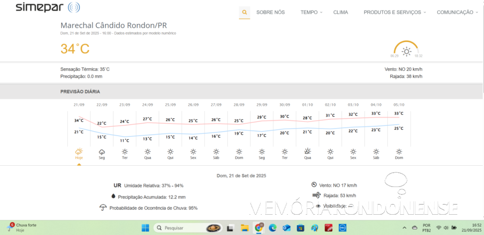 || Previsão meteorológica para a cidade de Marechal Cândido Rondon, 21 de setembro de 2025 e dias supervenientes, fornecida pelo SIMEPAR - FOTO 27 -