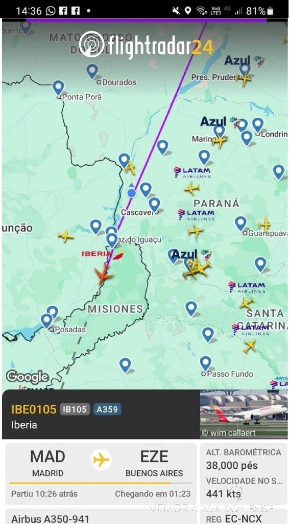 || Identificação da rota do avião da Iberia que cruzou o espaço aéreo da cidade de Marechal Cândido Rondon, na tarde de 28 de setembro de 2025.
Imagem: Acervo Flightradar - FOTO 31 -