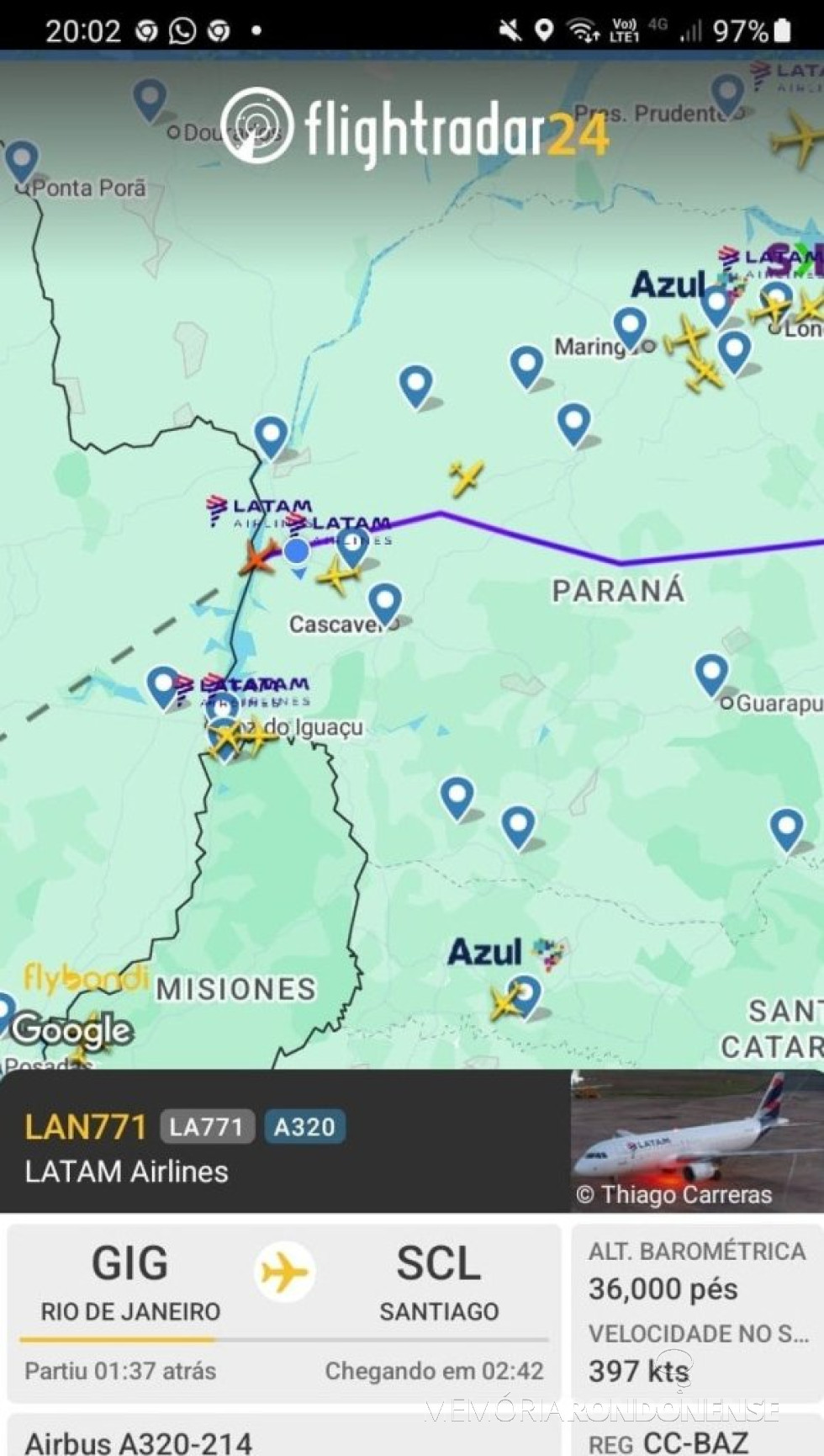 || Identificação da rota do avião da Latam que cruzou o espaço aéreo de Marechal Cândido Rondon, no começo da noite de 04 de setembro de 2025.
Imagem: Acervo Flightradar - FOTO 37 -