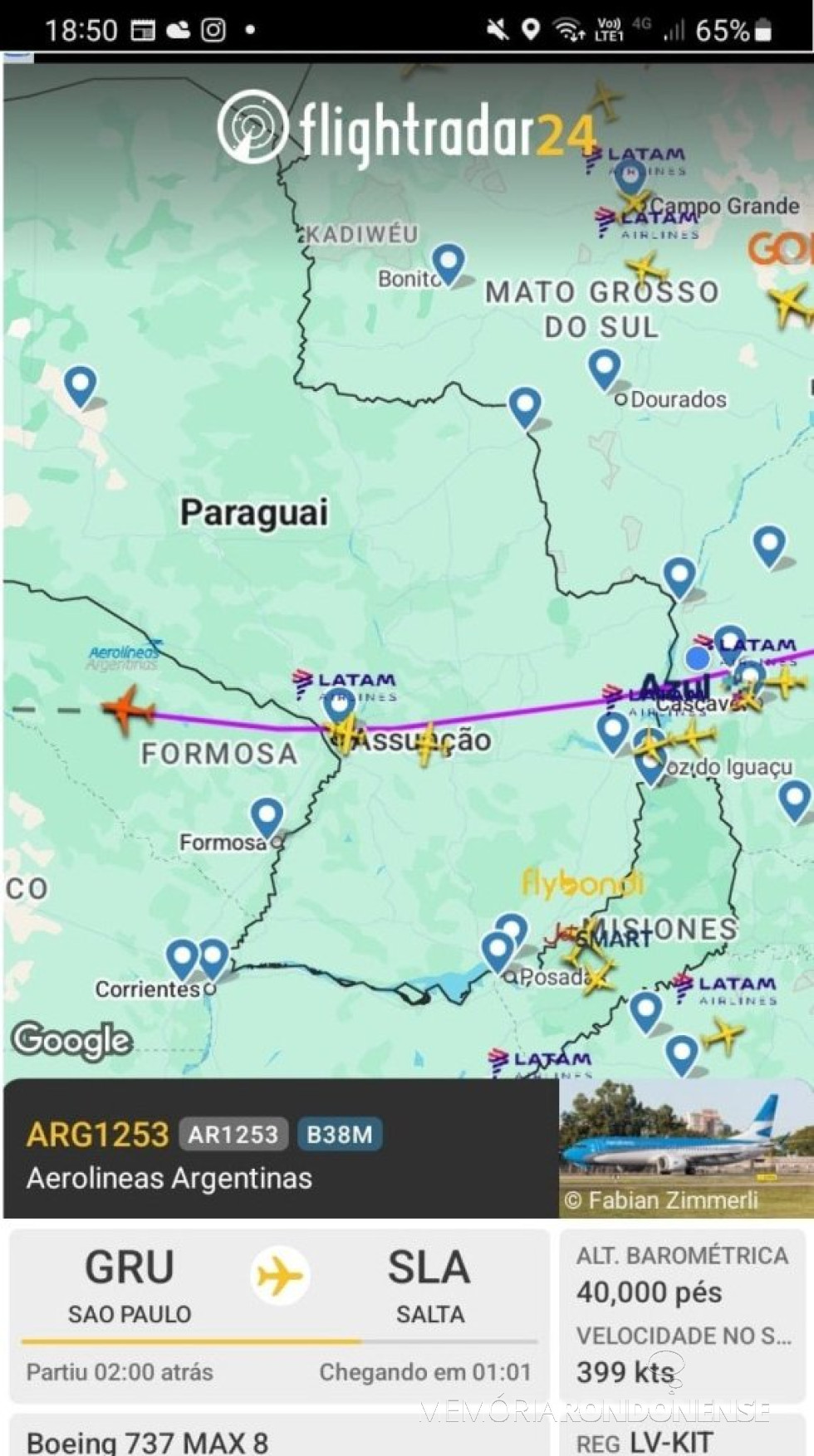 || Identificação da rota da aeronave da empresa Aerolineas Argentinas que cruzou o espaço aéreo do município de Marechal Cândido Rondon, no final de tarde de 14 de setembro de 2025.
Imagem: Acervo Flightradar - FOTO 3 -