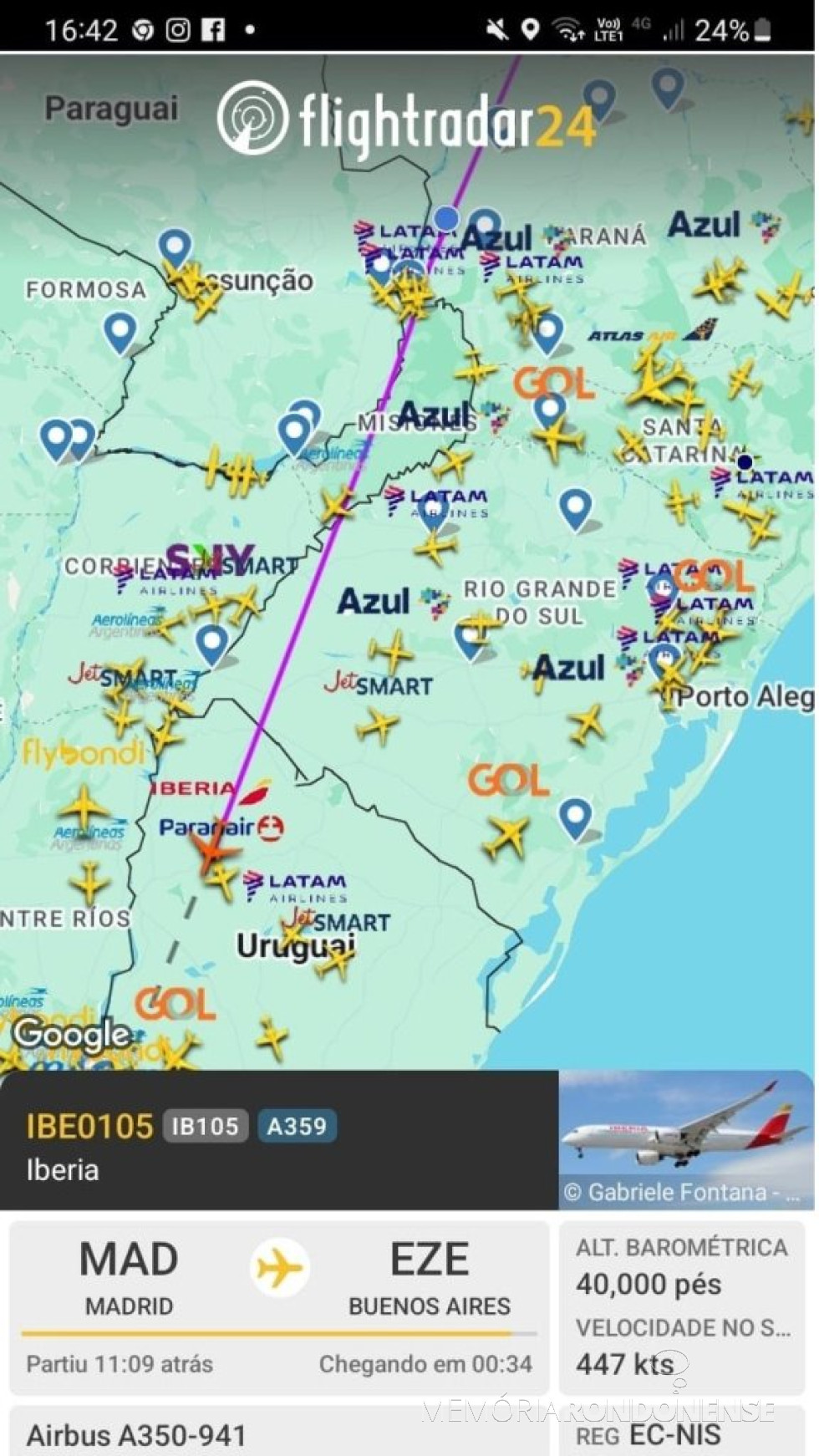 || Identificação da rota da aeronave da Iberia que cruzou o espaço aéreo de Marechal Cândido Rondon, à meia-tarde de 28 de setembro de 2025.
Imagem: Acervo Flightradar - FOTO 32 -