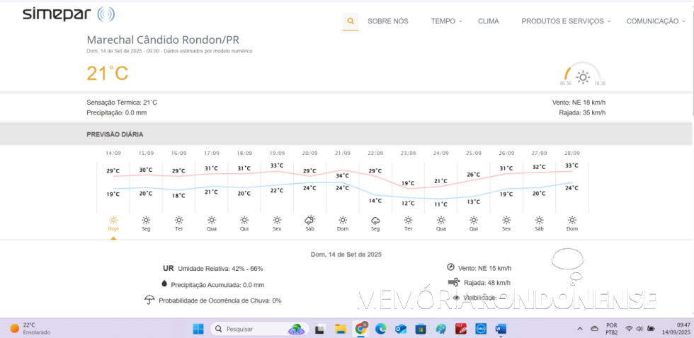 || Previsão meteorológica para a cidade de Marechal Cândido Rondon, 14 de setembro de 2025 e dias supervenientes, fornecida pelo Simepar - FOTO 31 -