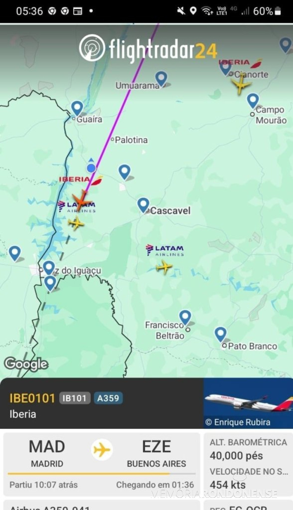 || Identificação da rota da aeronave da Iberia que cruzou o espaço aéreo de Marechal Cândido Rondon na madrugada de 18 de setembro de 2025.
Imagem: Acervo Flightradar - FOTO 36 _
