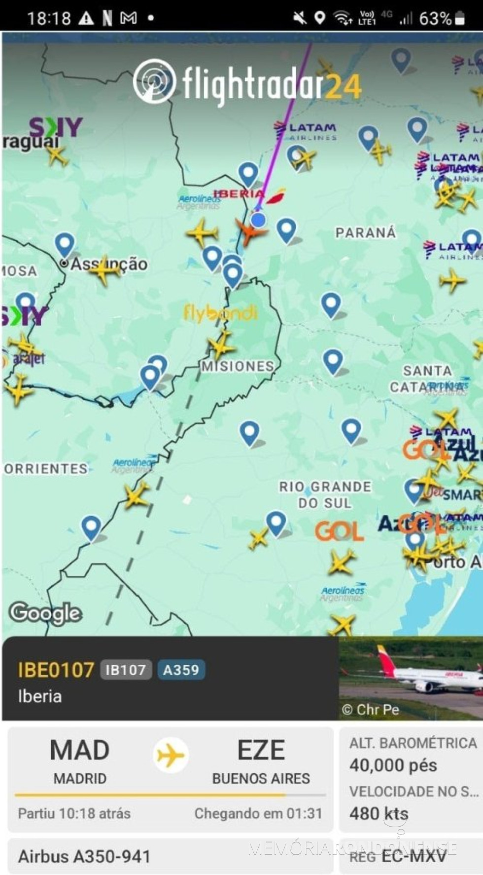 || Identificação da rota da aeronave da Iberia que cruzou o espaço aéreo do município de Marechal Cândido Rondon, ao amanhecer o dia 21 de setembro de 2025.
Imagem: Acervo Flightradar - FOTO 29 -