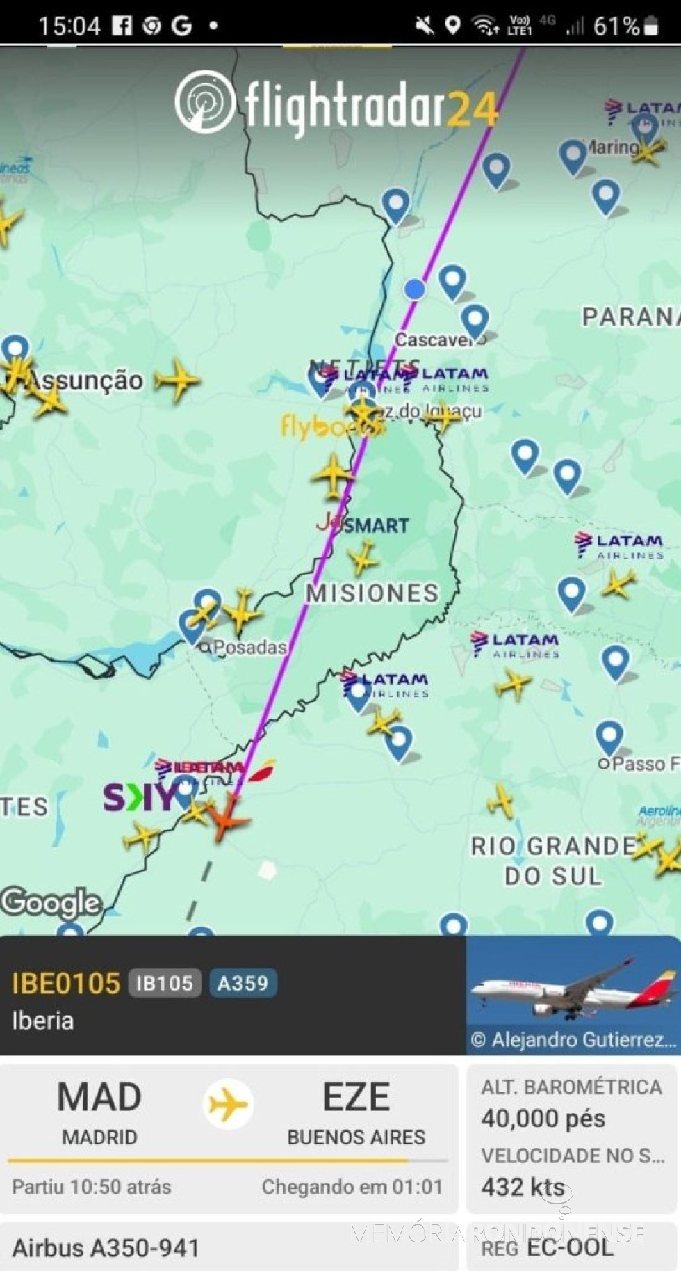 || Identificação da rota do avião da Iberia que cruzou o espaço aéreo de Marechal Cândido Rondon, em 13 de setembro de 2025.
Imagem: Acervo Flightradar - FOTO 22 -