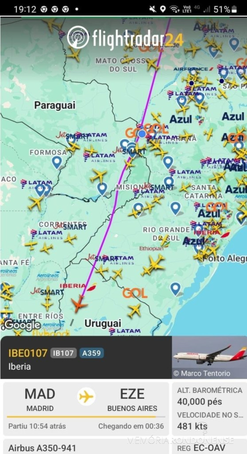 || Identificação da rota do avião da Iberia que cruzou o espaço de Marechal Cândido Rondon ao final da tarde 02 de outubro de 2025.
Imagem: Acervo Fligthradar - FOTO 35 -