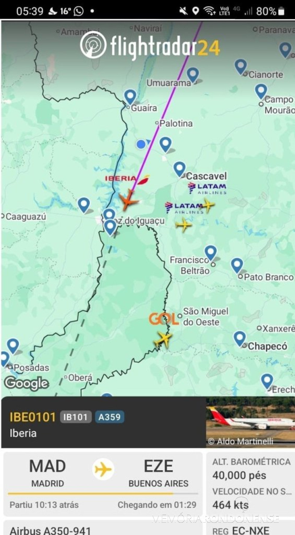 || Identificação da rota do avião da Iberia que cruzou o espaço aéreo de Marechal Cândido Rondon, na madrugada de 04 de outubro de 2025.
Imagem: Acervo Flightradar - FOTO 30 -