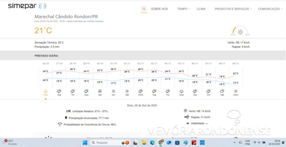 || Previsão climatológica para a cidade de Marechal Cândido do, 26 de outubro de 2025 e dias supervenientes, fornecida pelo SIMEPAR - FOTO 34 -