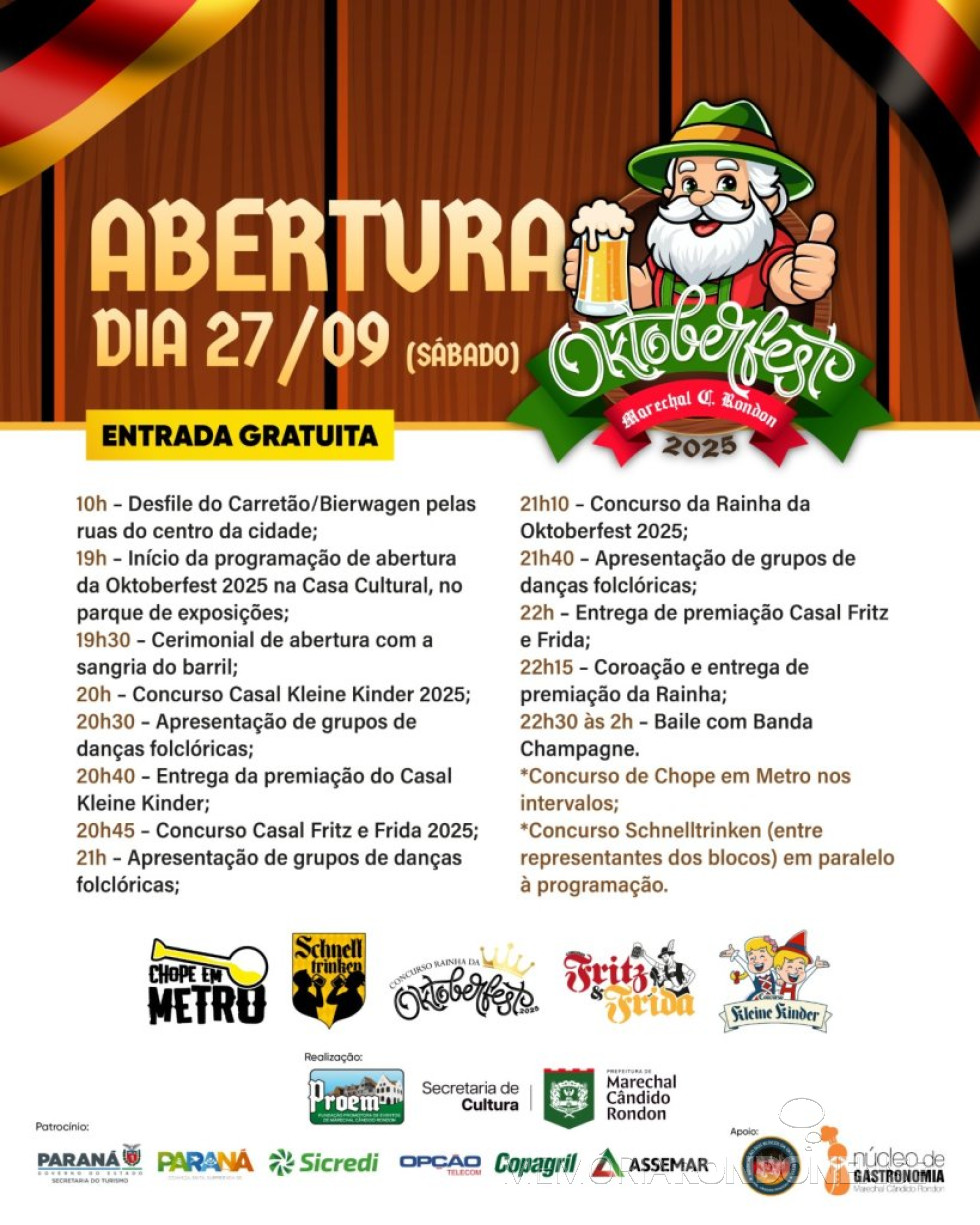 || Cartaz convite para abertura da Oktoberfest 2025 de Marechal Cândido Rondon.
Imagem: Acervo Imprensa PM-MCR - FOTO 18 -