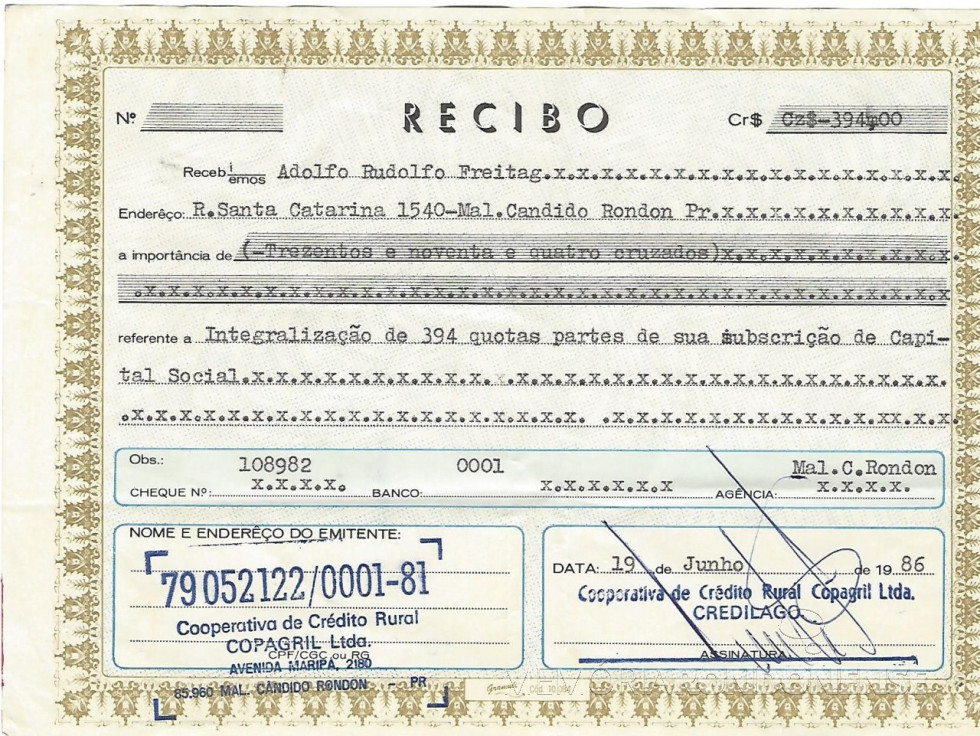 || Comprovante de adesão de Adolfo Rudolfo Freitag a então Cooperativa de Crédito Rural Copagril Ltda., hoje Sicredi Aliança SP/PR, em junho de 1986.
Imagem: Acervo Adolfo Freitag - FOTO 9 –