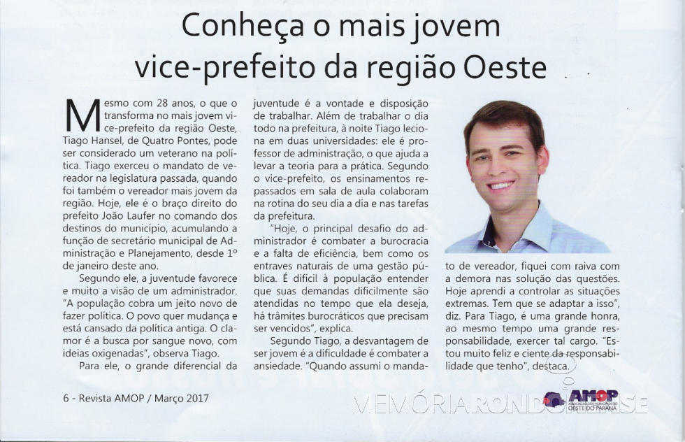 || Destaque da Revista AMOP ref. ao vice-prefeito de Quatro Pontes, Tiago Hansel. 
Imagem: Acervo Revista AMOP - p. 6 - FOTO 22 - 