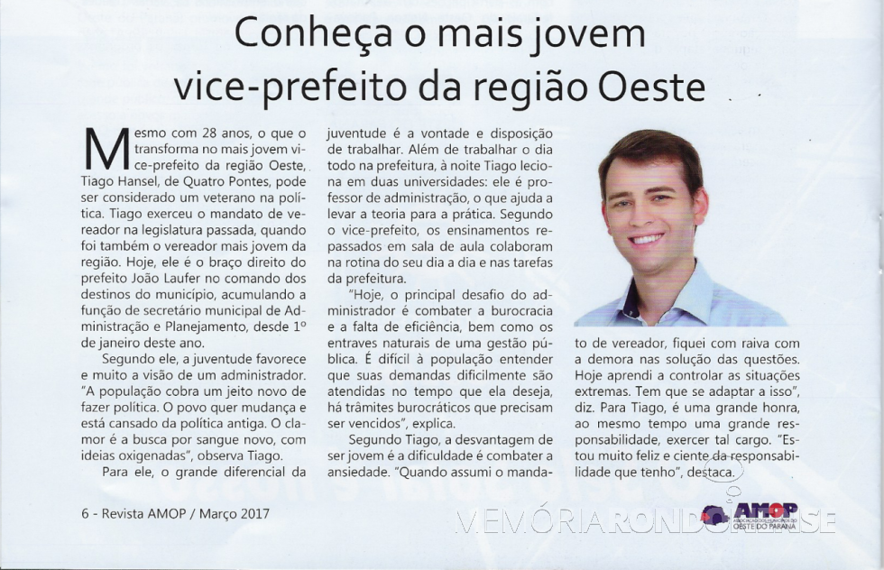 || Destaque da Revista AMOP ref. ao vice-prefeito de Quatro Pontes, Tiago Hansel. 
Imagem: Acervo Revista AMOP - p. 6 - FOTO 28-