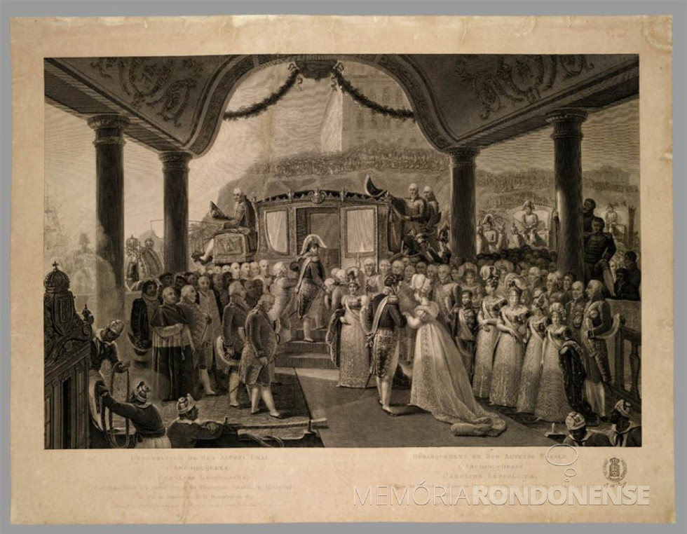 || Desembarque da arquiduquesa Leopoldina no Porto do Rio de Janeiro, recepcionada pelo Princípe D. Pedro, com quem casou por procuração, em maio de 1817.
Imagem: Acervo Biblioteca Nacional (BN E. 54 R. Gravura a buril de Charles Simon Pradier (1783-1847), segundo pintura de Jean Baptiste Debret (1768-1848 ). - FOTO 1 -