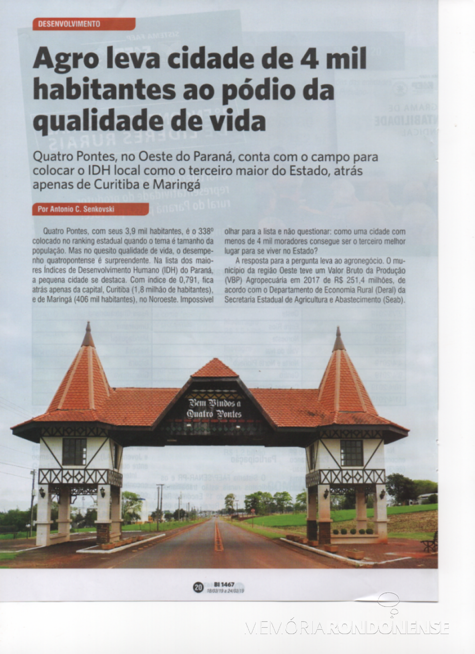 || Primeira página da reportagem sobre o IDH local do município de Quatro Pontes - FOTO 18 -