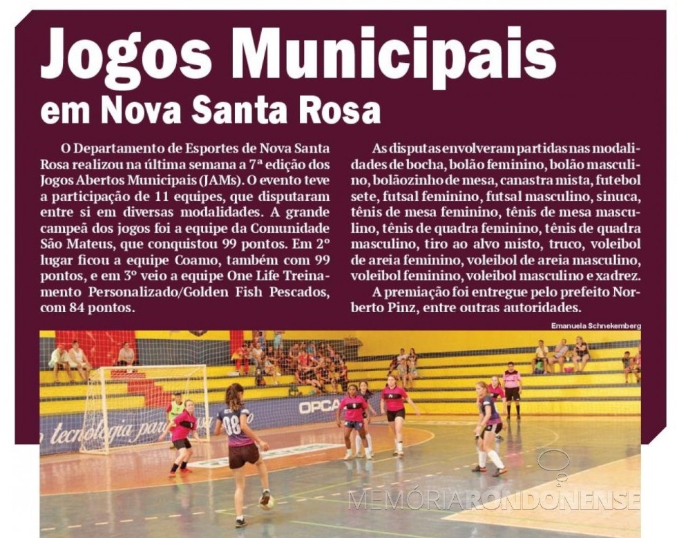 || Publicação do jornal O Presente que informa os resultados e classificação dos Jogos Aberto de Nova Santa Rosa 2018. 
Imagem: Acervo O Presente - FOTO 11 - 