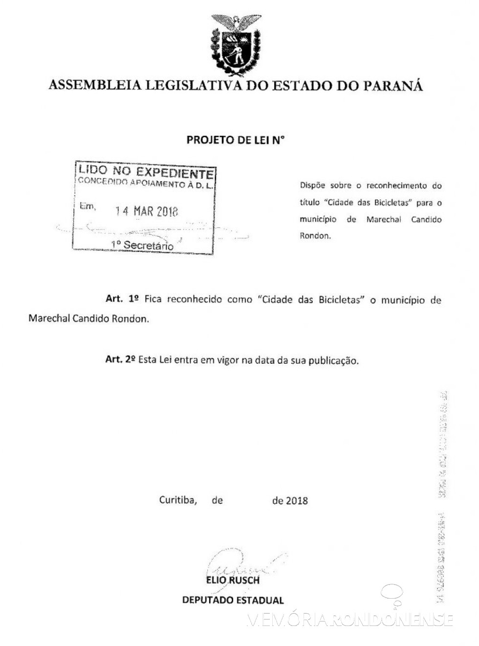 || Cópia do projeto de lei que reconhece a cidade de Marechal Cândido Rondon como 