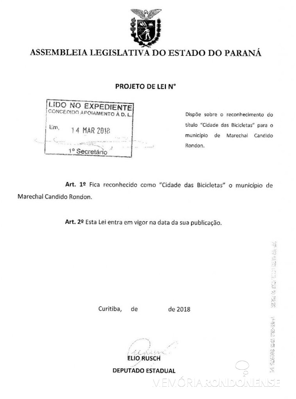 || Cópia do projeto de lei que reconhece a cidade de Marechal Cândido Rondon como