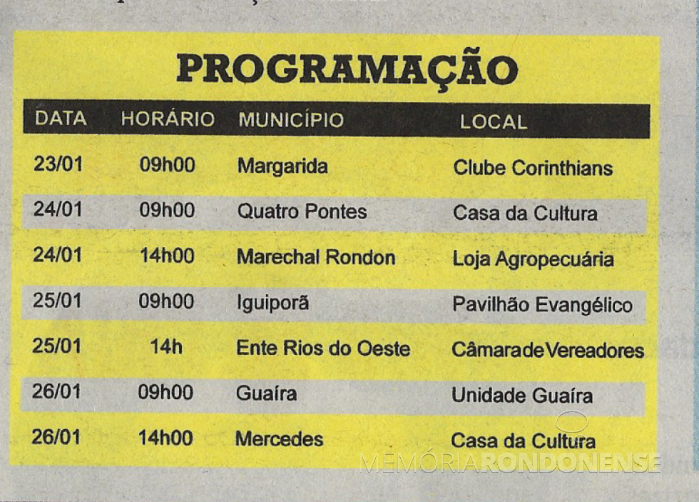 || Quadro de agendamento das pré-assembleias 2018 da Copagril. 
Imagem: Acervo O Presente - FOTO 10 - 
 
