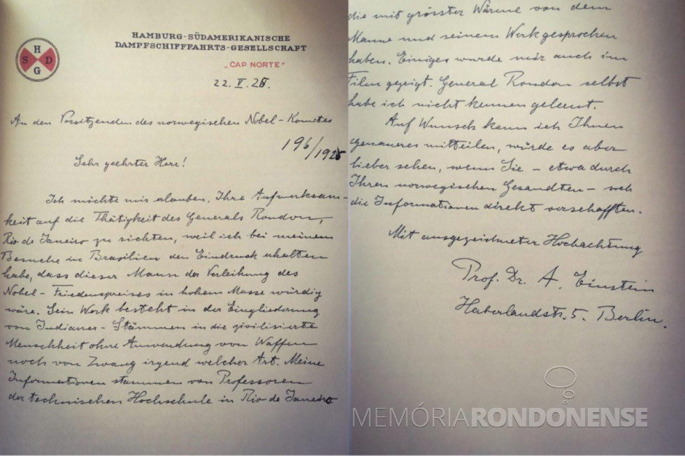 || Carta de Einstein para o comitê do Nobel indicando o General Rondon para a Prêmio Nobel da Paz, em maio de 1925.
Imagem: Acervo Projeto Memória Rondonense - FOTO 2 -