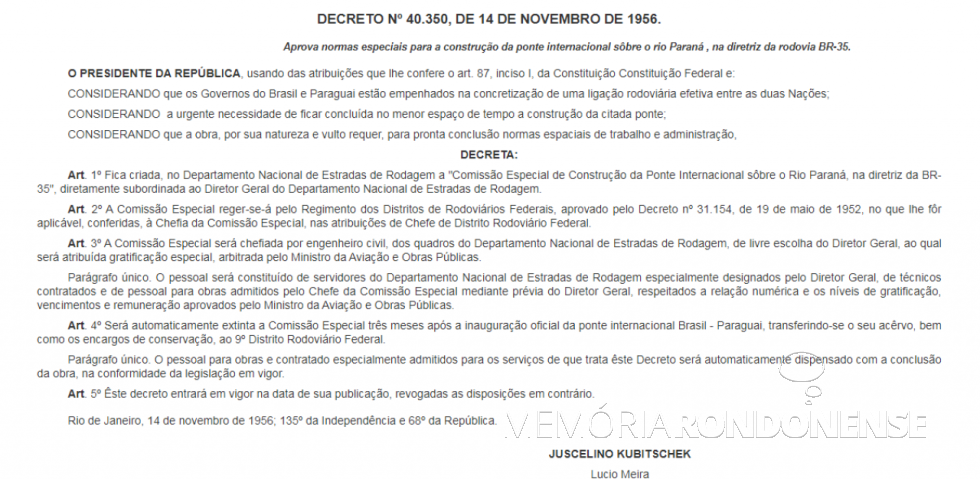 || Cópia do Decreto Federal nº 40.350, de 14 de setembro  de 1956.
Imagem: Acervo Senado Federal - FOTO 12 -
