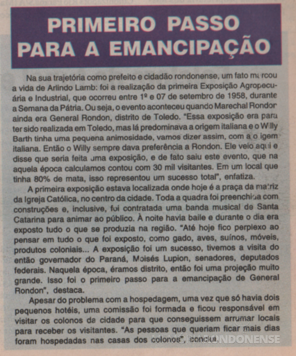 || Recorte do jornal O Presente referindo-se ao comentário de Arlindo Alberto Lamb sobre o primeiro passo para a emancipação de Marechal Cândido Rondon, em 1960 - FOTO 2 -