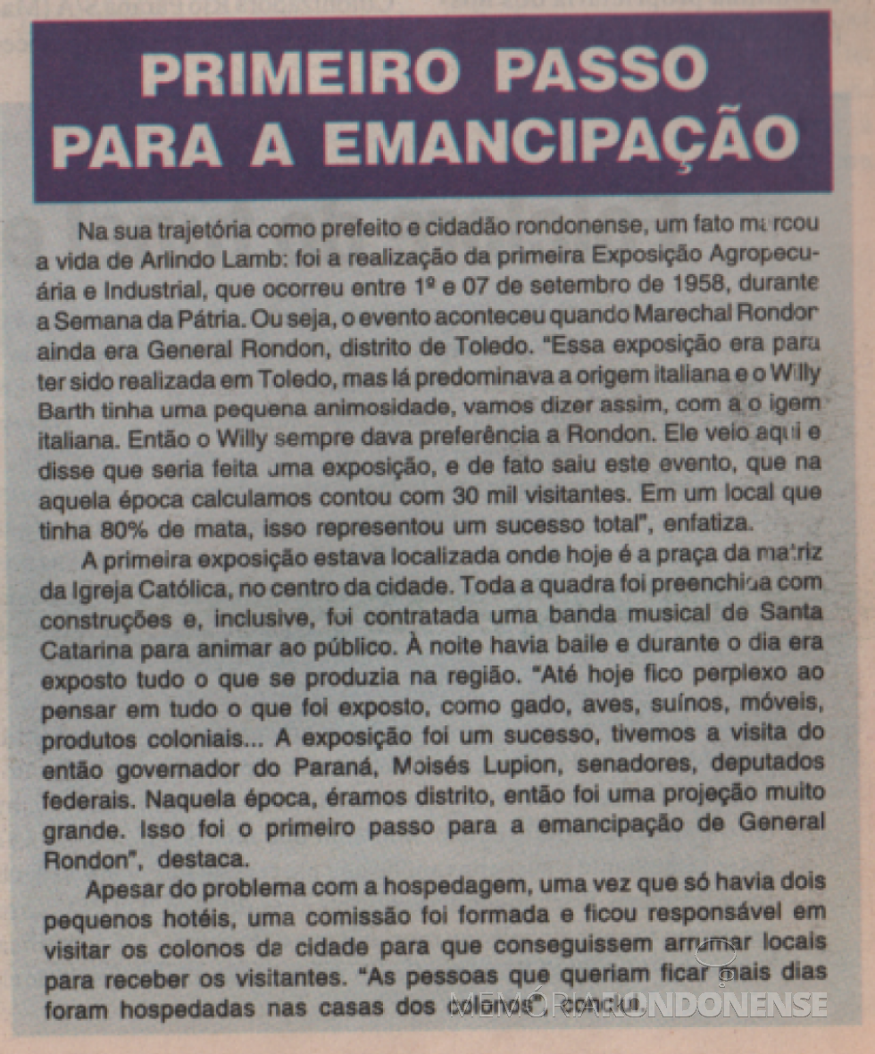 || Recorte do jornal O Presente referindo-se ao comentário de Arlindo Alberto Lamb sobre o primeiro passo para a emancipação de Marechal Cândido Rondon, em 1960 - FOTO 2 - 