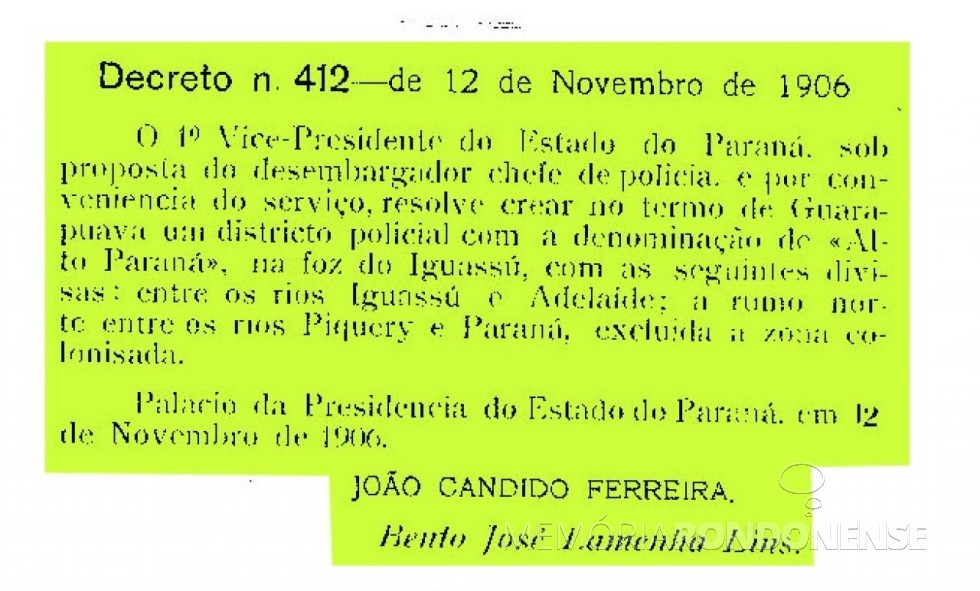 || Publicação do Decreto nº 412, de criação do Distrito Policial de Foz  do Iguaçu, publicado  no Diário Oficial do Estado, em novembro de 1906.
Imagem: Arquivo Público do Paraná - FOTO 2 - 