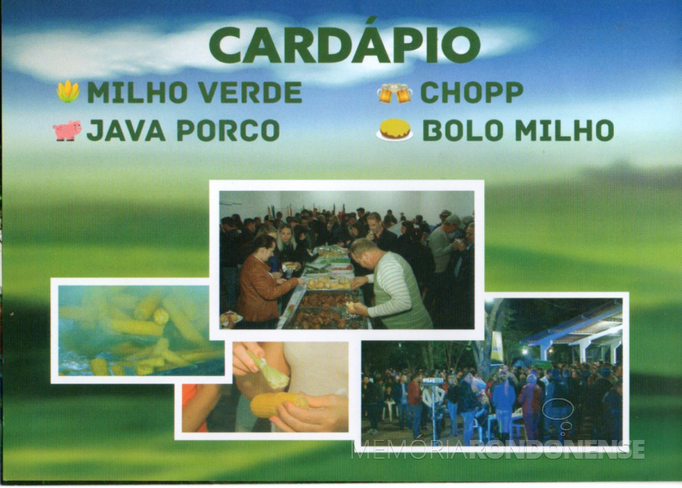 || Cardápio da 9ª Festa do Milho, da Família Pedde. 
Imagem: Acervo Memória Rondonense - FOTO 20 - 
