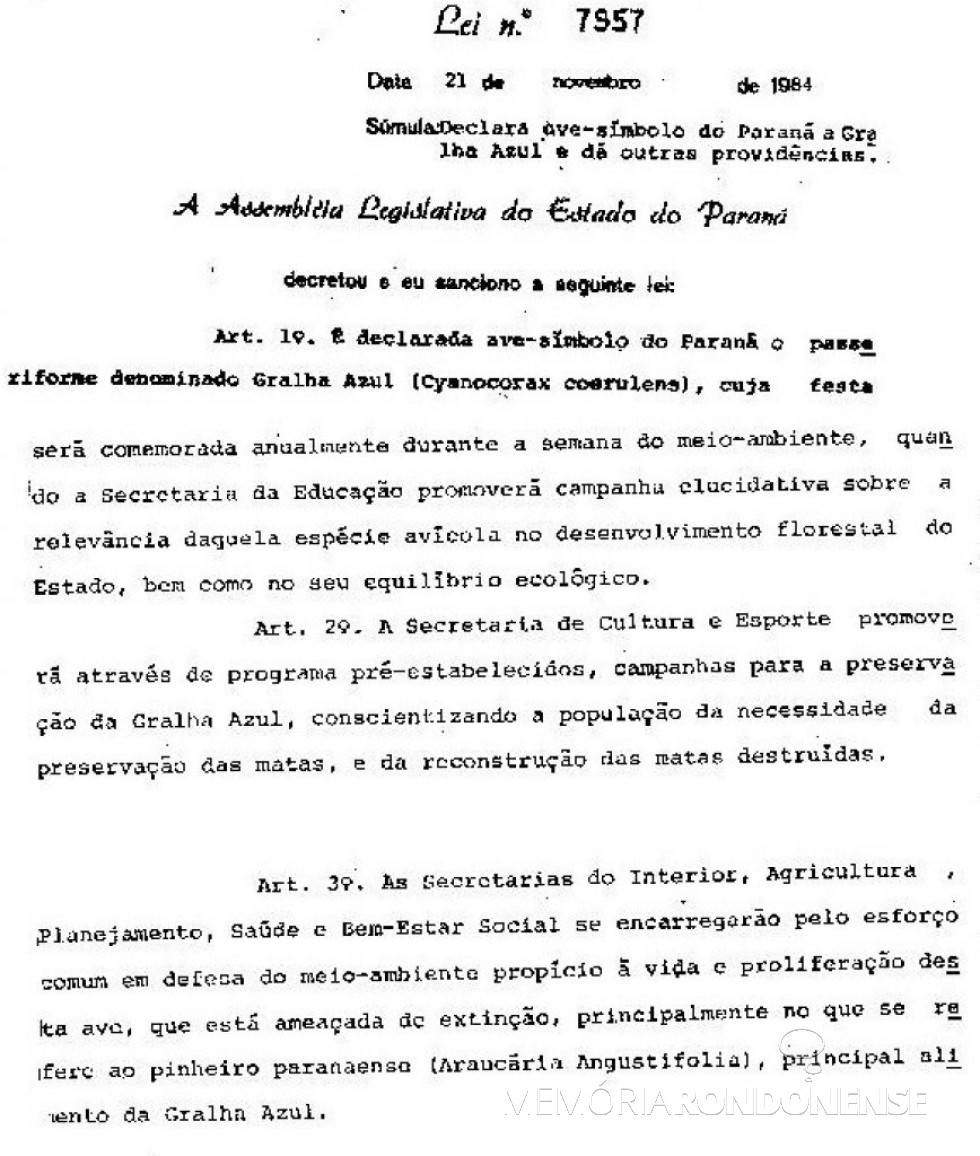 || Publicação da Lei nº 7957 que declarou a gralha-azul como ave símbolo do Estado do Paraná. 
Imagem: Acervo Arquivo Público do Paraná - FOTO 4 -