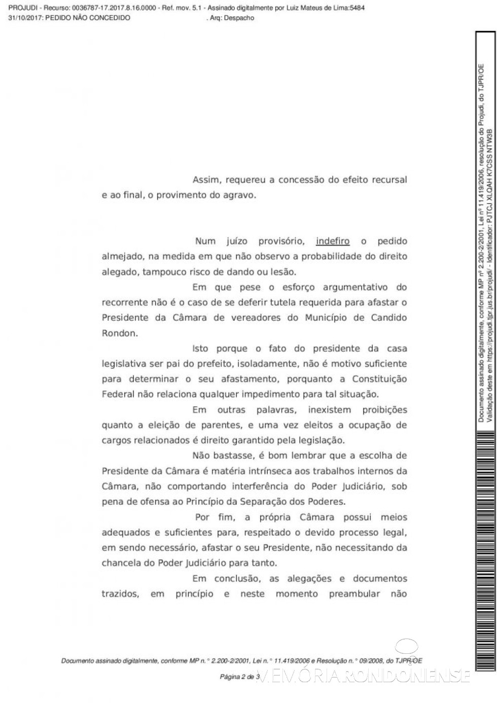 || 2ª página da decisão do desembargador Luiz Mateus de Lima. 
Imagem: Acervo Memória Rondonense - FOTO 17 - 