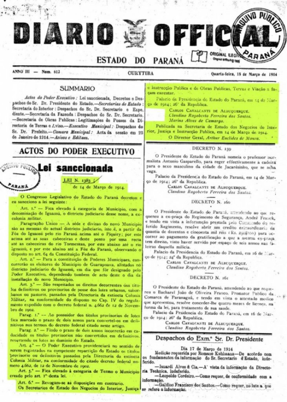 || Cópia da publicação da Lei Estadual 1.383/1914, que cria o município de Iguassu, depois Foz do Iguaçu.
Imagem: Acervo Arquivo Público do Paraná - FOTO 4 –