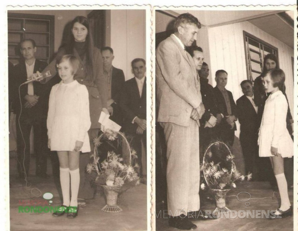|| Inauguração da Escola Municipal Pedro Alvares Cabral, na Linha Guará, em 1972. Nas duas fotos, a aluna Rejane Barbian da escola fazendo uma homenagem ao então Prefeito Municipal Dealmo Selmiro Poersch. No cromo, à esquerda destaque para o sr. Alberto Meier, delegado de Marechal Cândido Rondon, de terno escuro. Na foto à direita, o prefeito Dealmo Poersch concentrado na mensagem da aluna, ladeado à sua esquerda pelo então diretor municipal de Educação e Cultura, prof. Carlos Vanzin.
Imagem: Acervo Jorge Roberto Freitag – FOTO 11 –